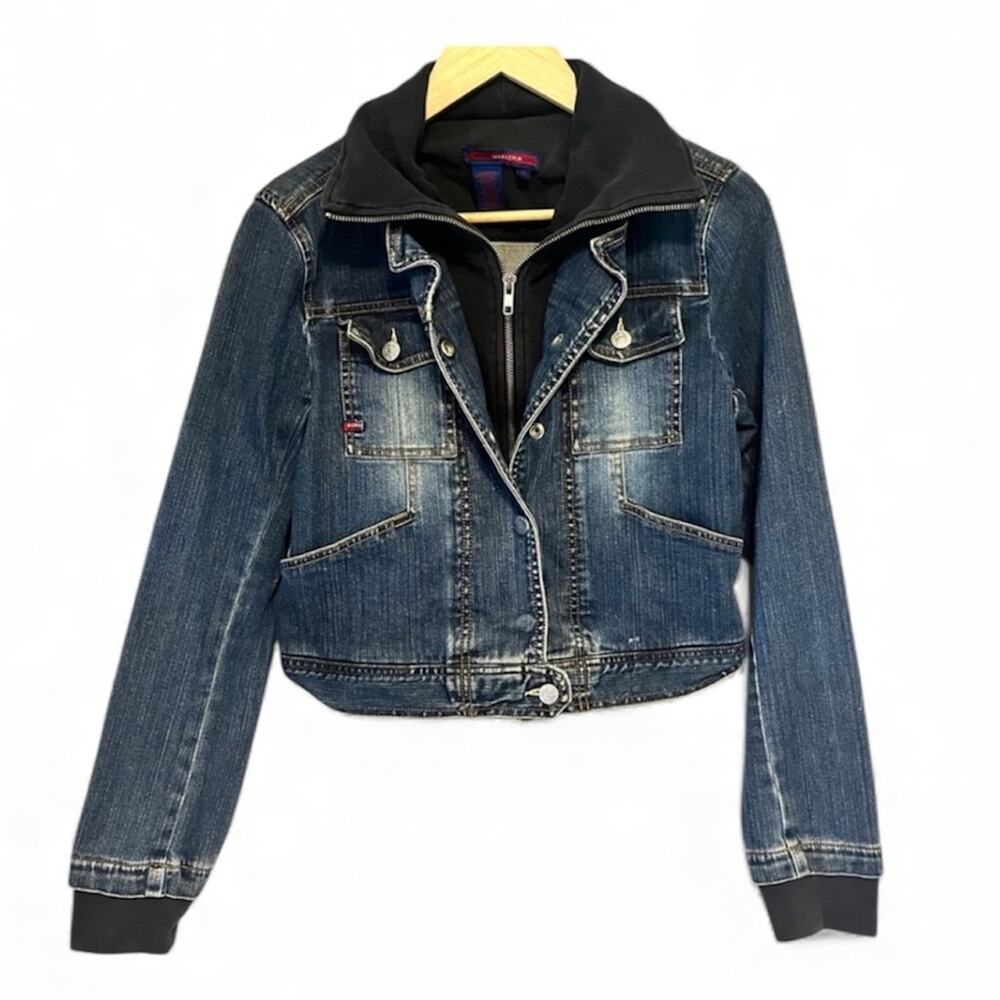 BCBGMaxAzria Blue Denim Jacket with Black sweatshirt collar Medium